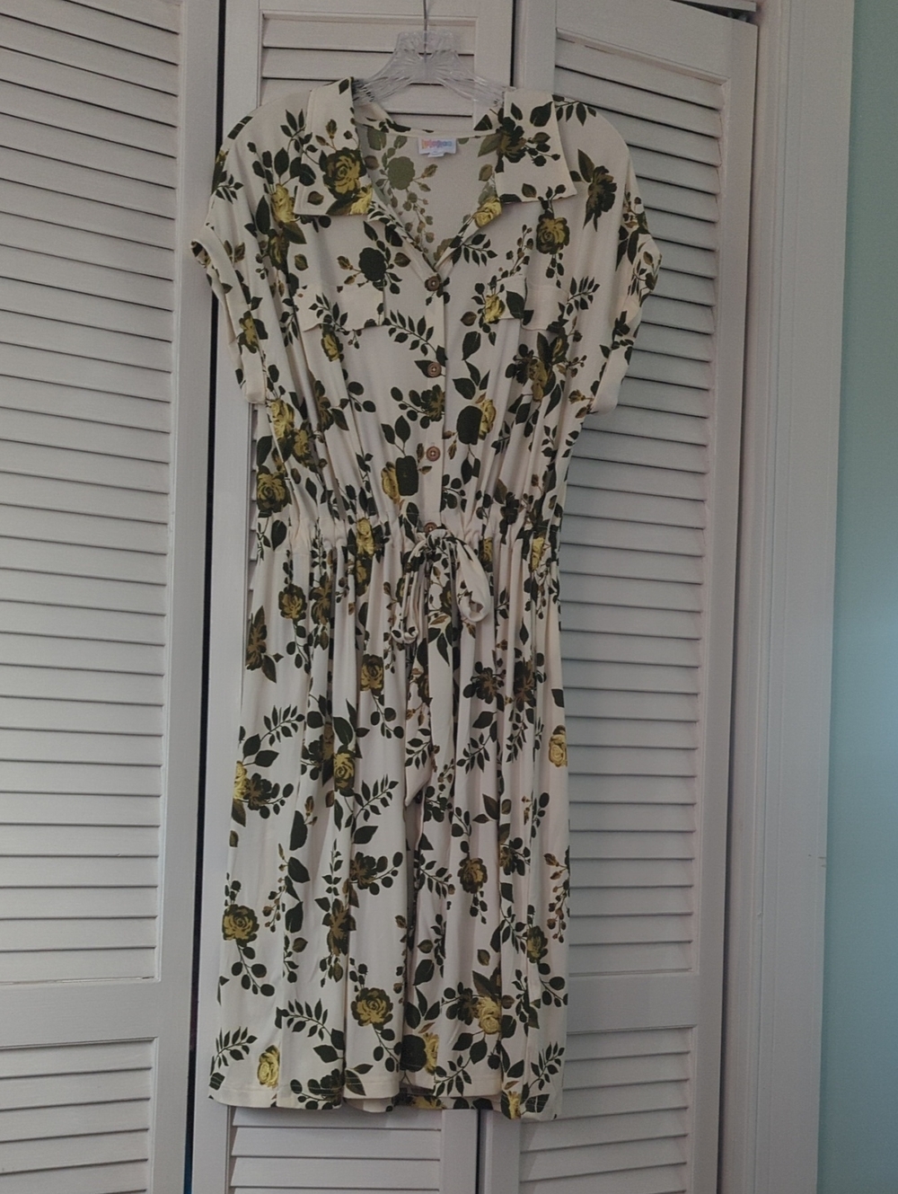 LuLaRoe Ivory Midi Dress with Olive and Yellow Floral